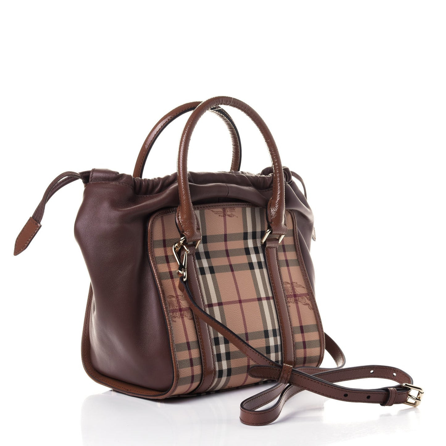 Patent Haymarket Check Small Dinton Tote Mid Camel