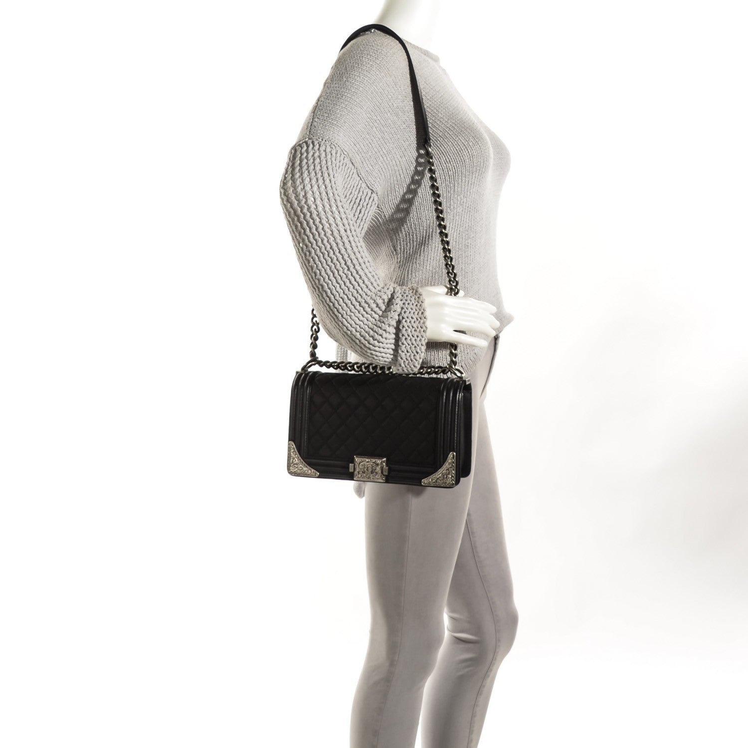 Chanel Calfskin Quilted Embellished Metal Medium Boy Flap Black 2 of 8