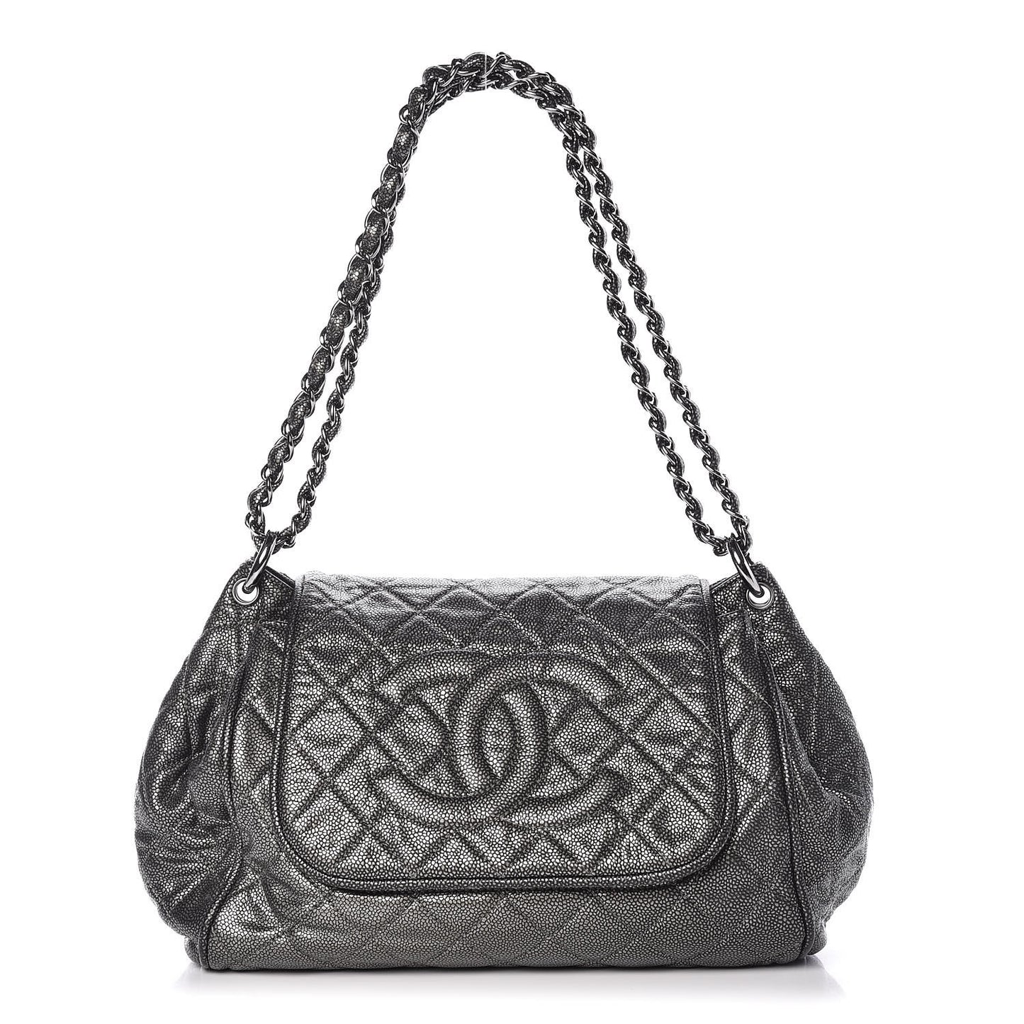 Metallic Caviar Quilted Timeless Accordion Flap Dark Silver
