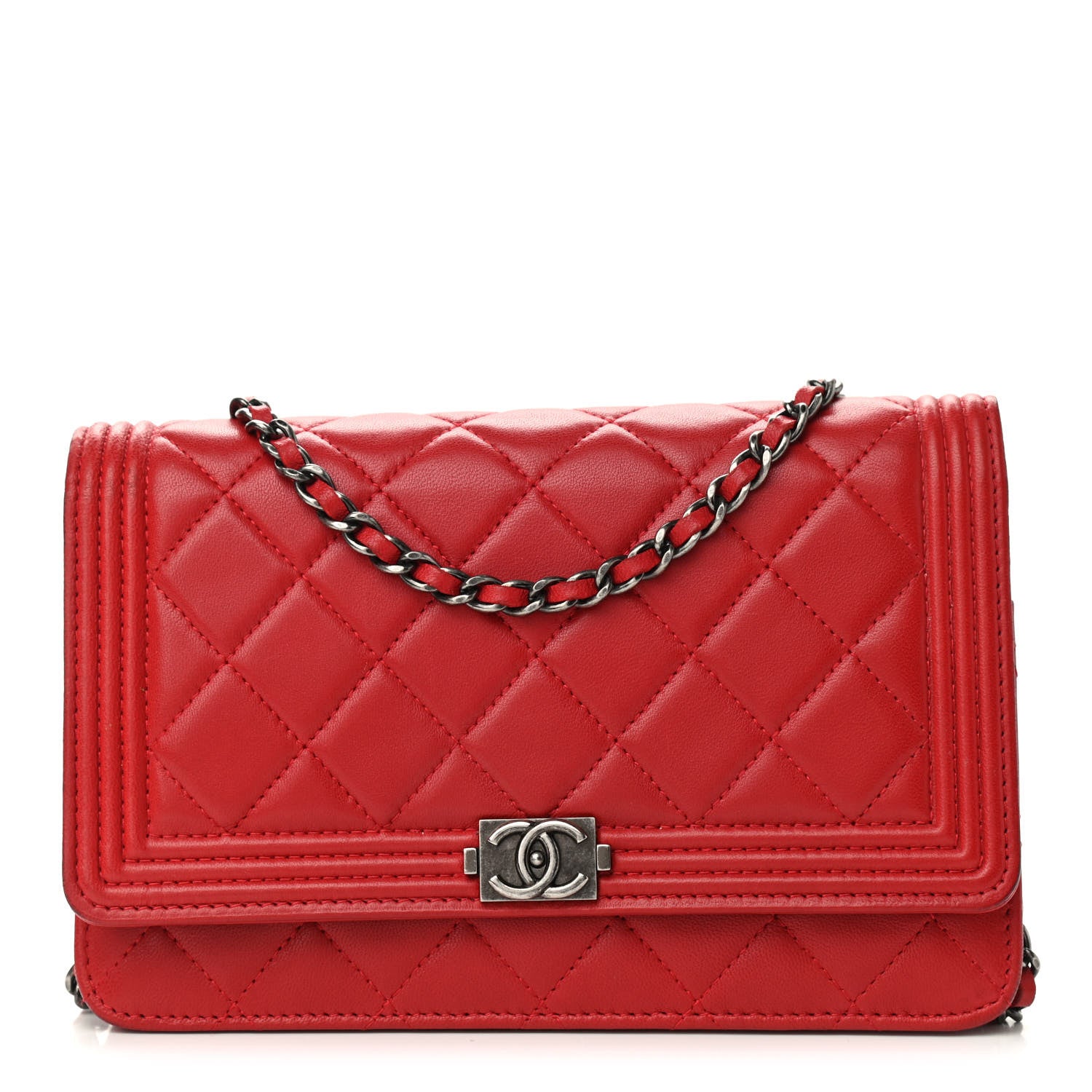 Chanel Lambskin Quilted Boy Wallet On Chain WOC Red 1 of 12