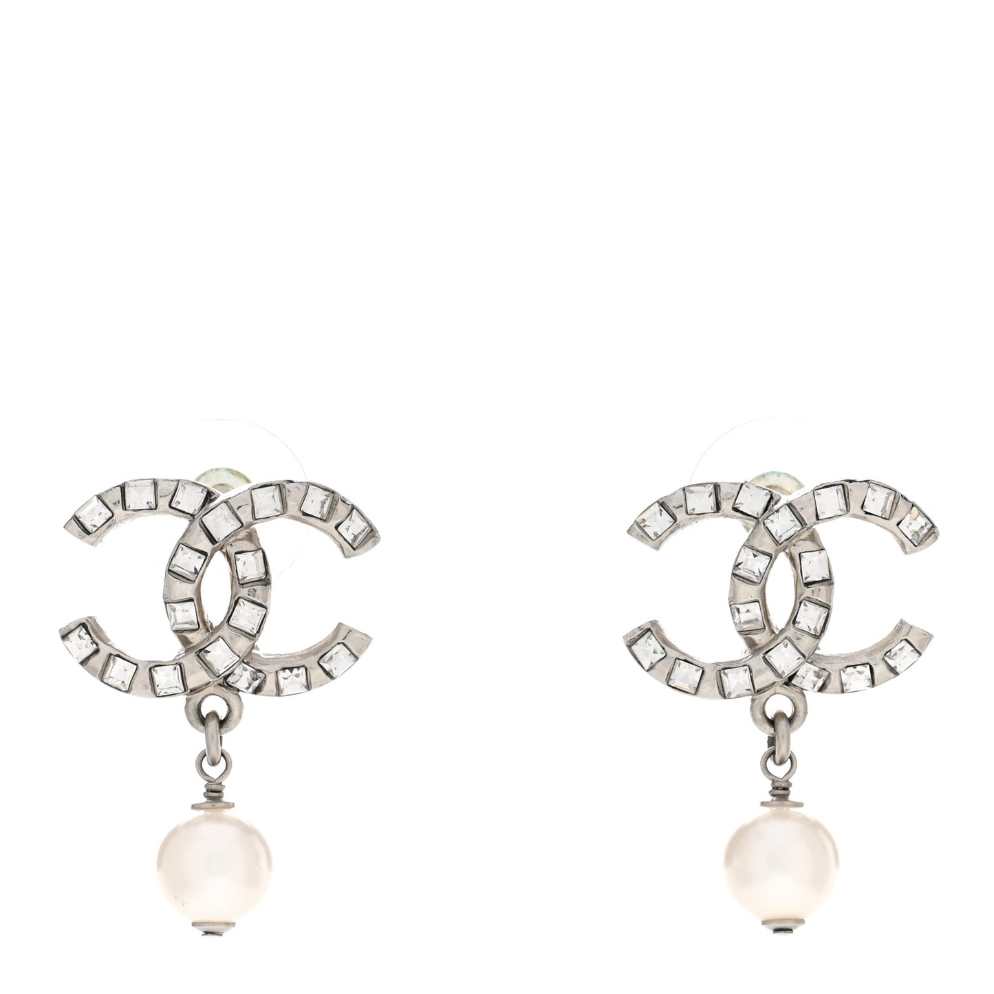 Crystal Baguette Pearl CC Drop Earrings Silver