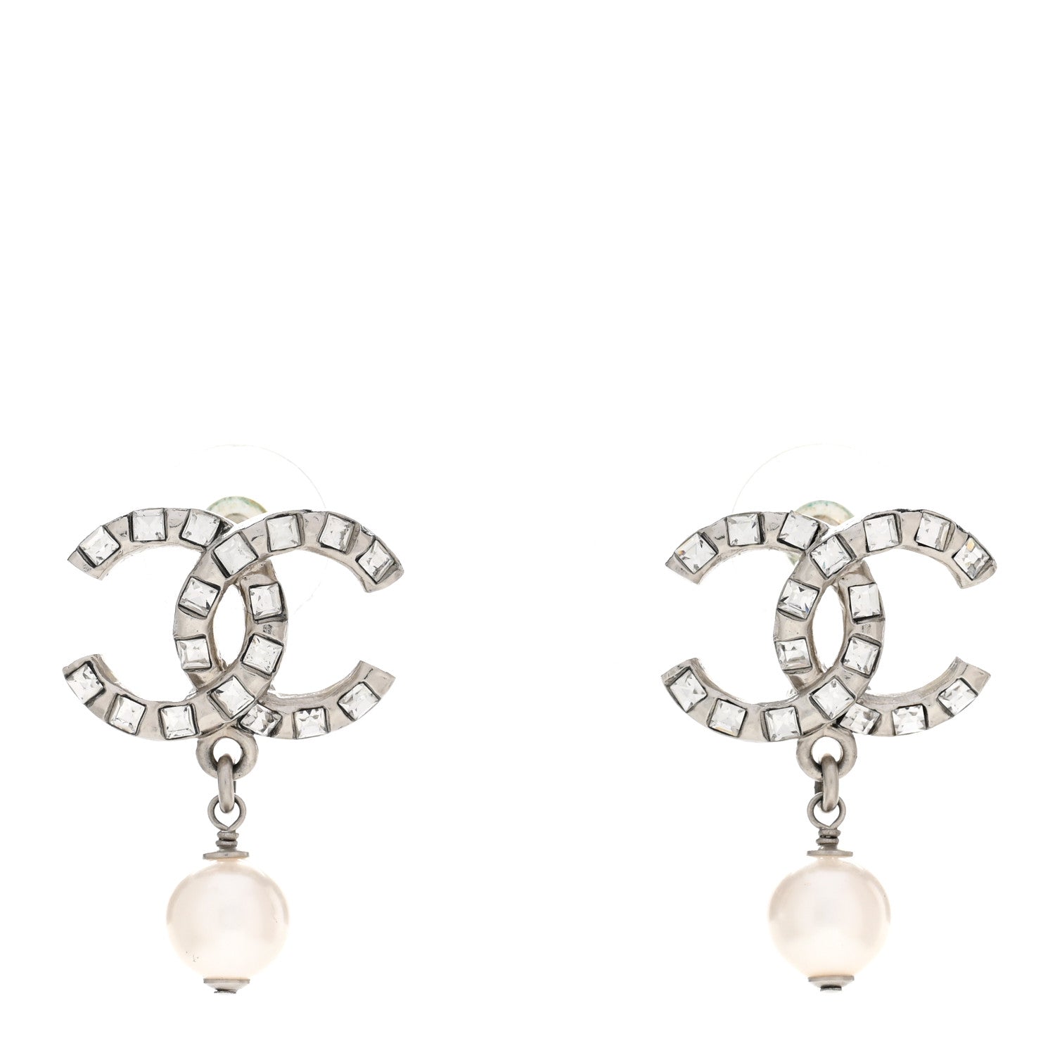 Chanel Crystal Baguette Pearl CC Drop Earrings Silver 1 of 5