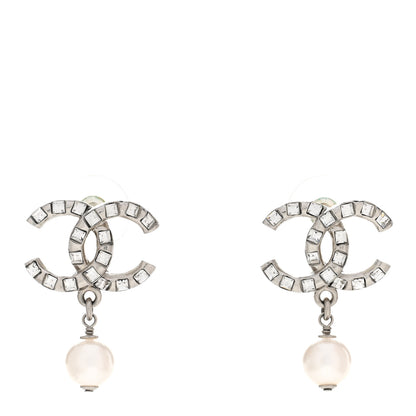 Chanel Crystal Baguette Pearl CC Drop Earrings Silver 1 of 5