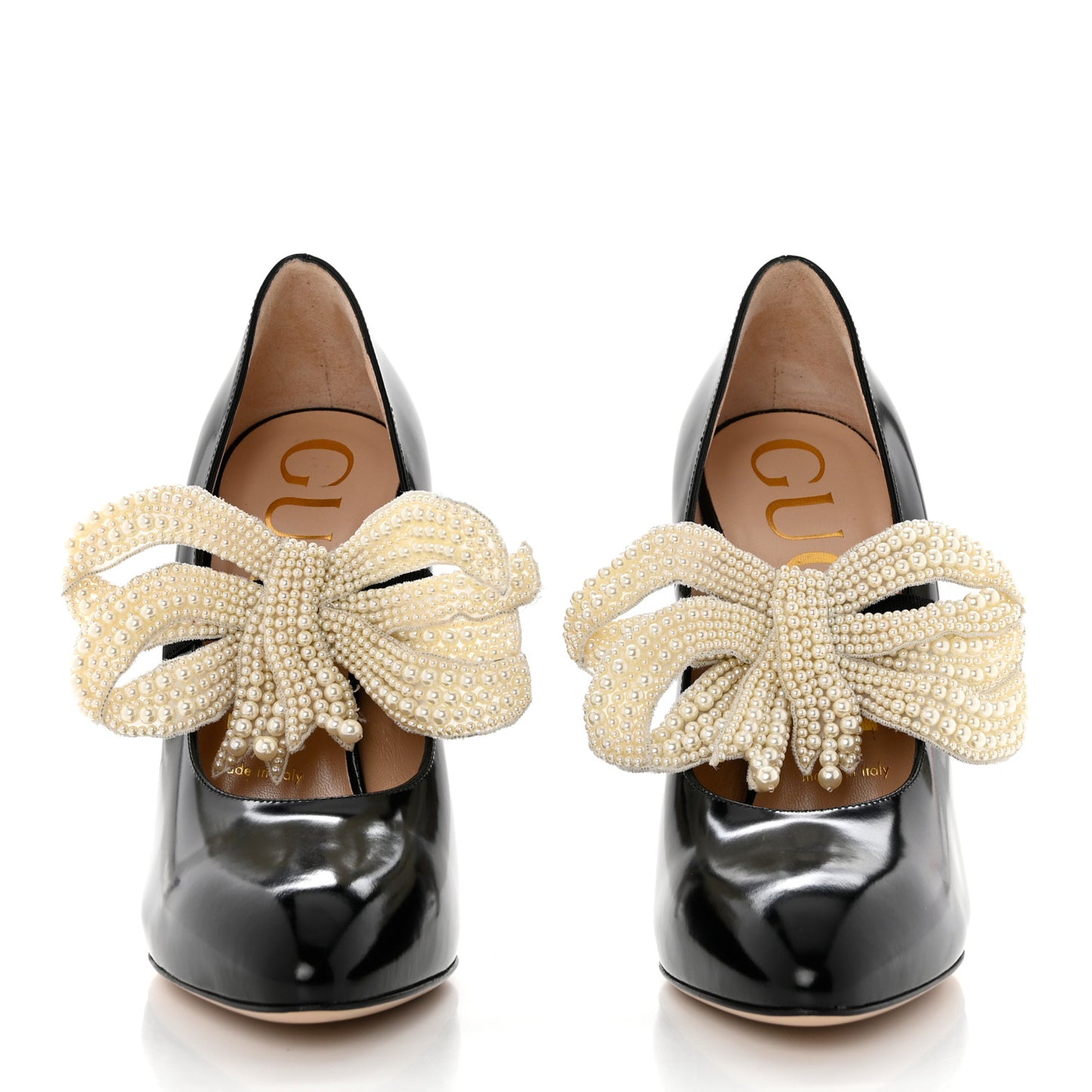 Polished Calfskin Removable Pearly Bow Elaisa Platform High Heel Pumps 37 Black