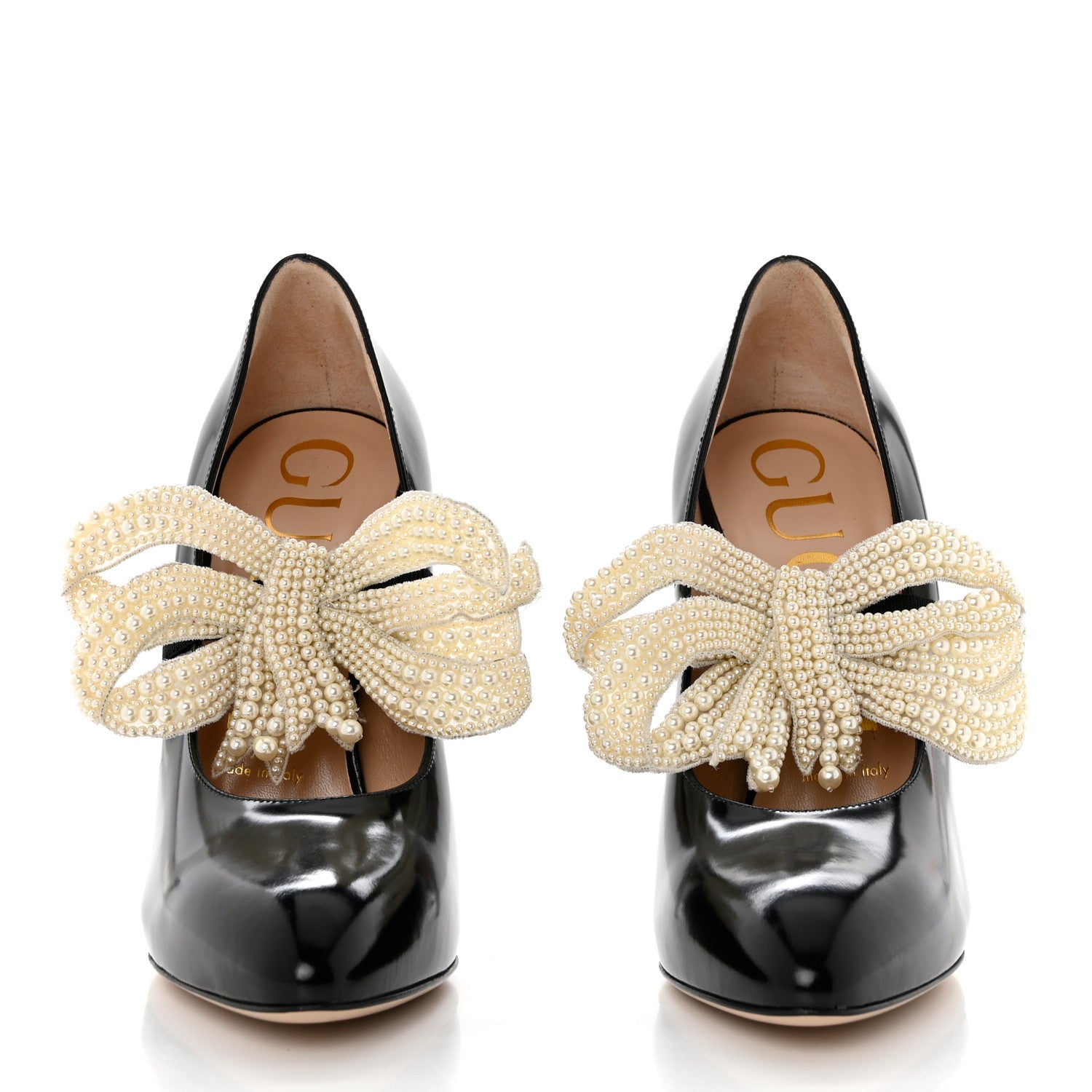 Gucci Polished Calfskin Removable Pearly Bow Elaisa Platform High Heel Pumps 37 Black 2 of 9