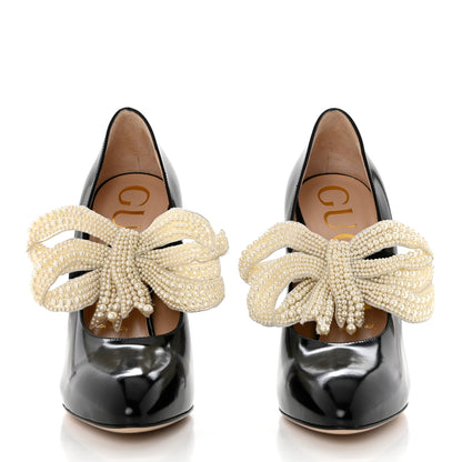 Gucci Polished Calfskin Removable Pearly Bow Elaisa Platform High Heel Pumps 37 Black 2 of 9