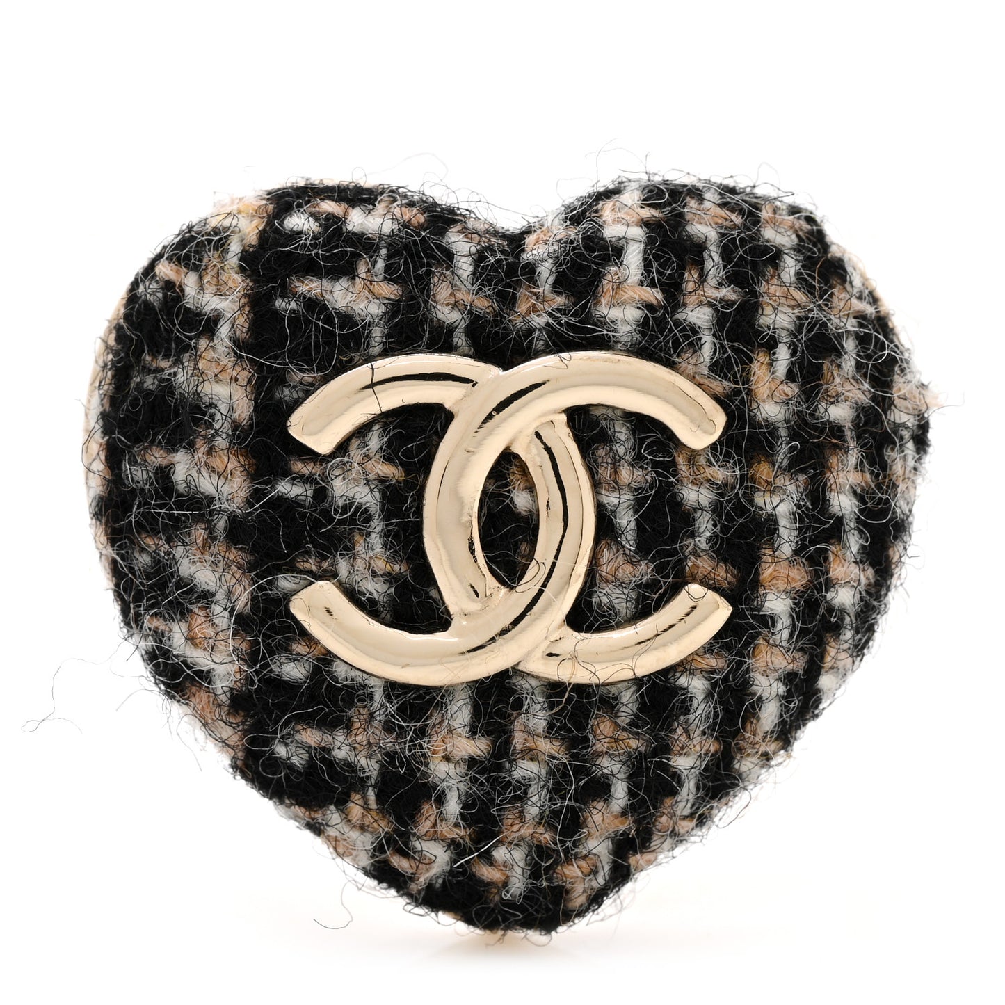 Tweed CC Heart Brooch Ivory Black Gold