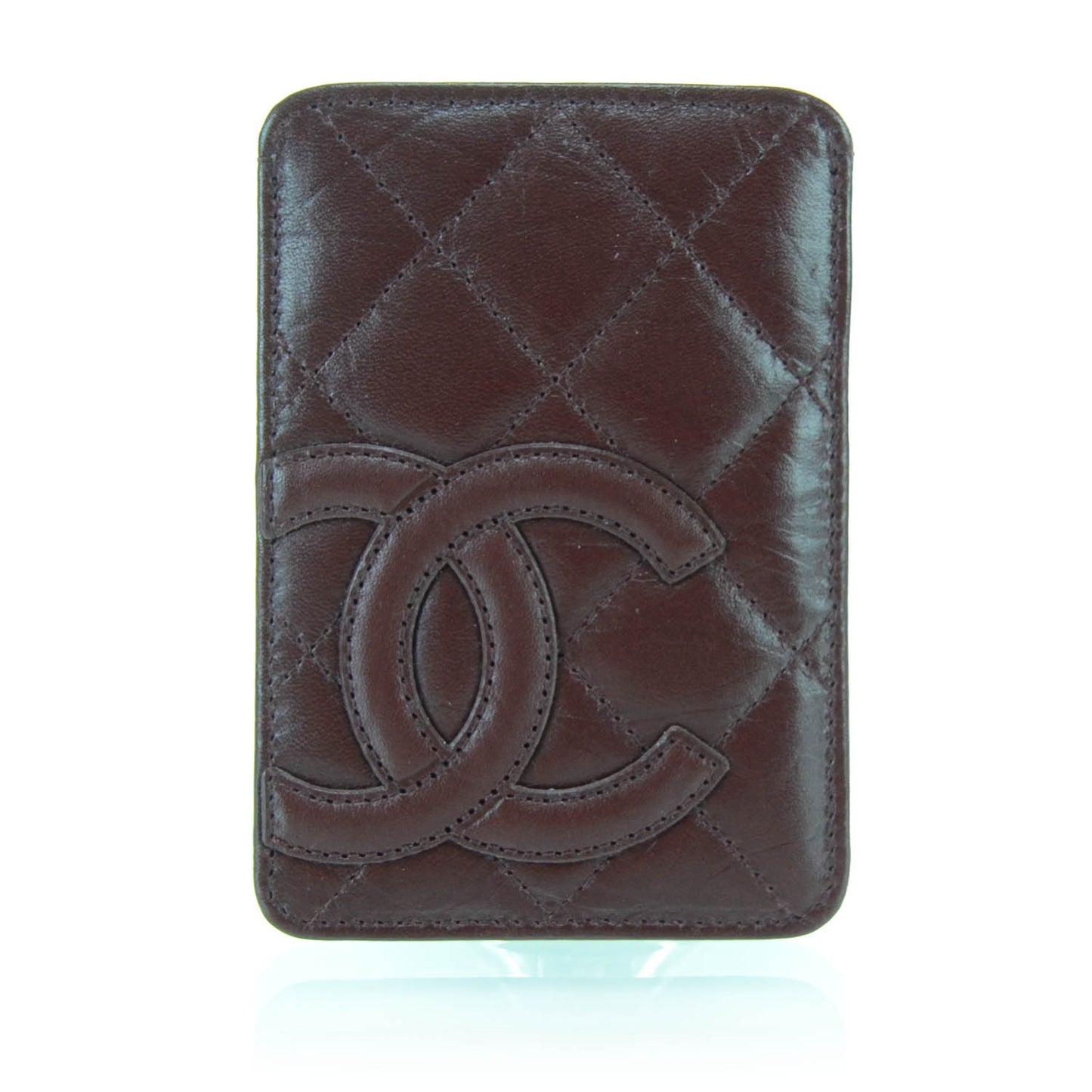 Leather Quilted Cambon Card Case Holder Bordeaux