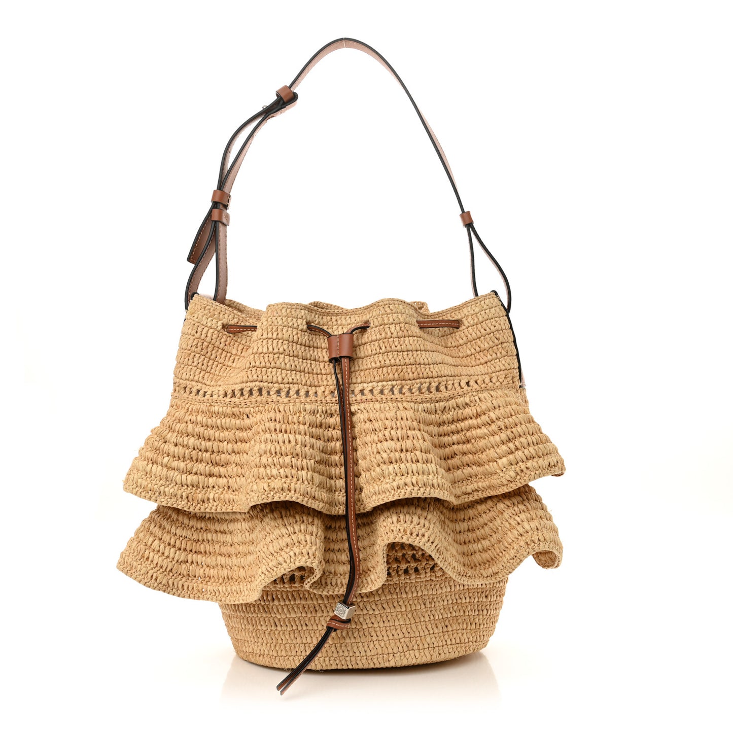Raffia Calfskin Balloon Ruffles Bucket Bag Natural Tan