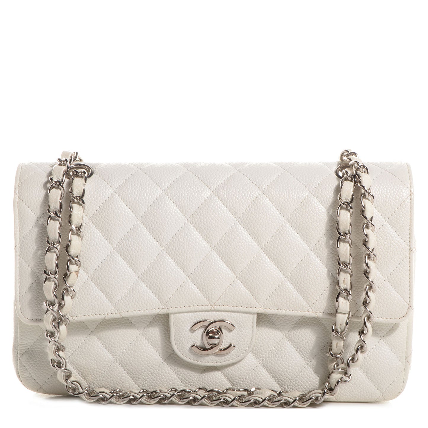 Caviar Quilted Medium Double Flap White