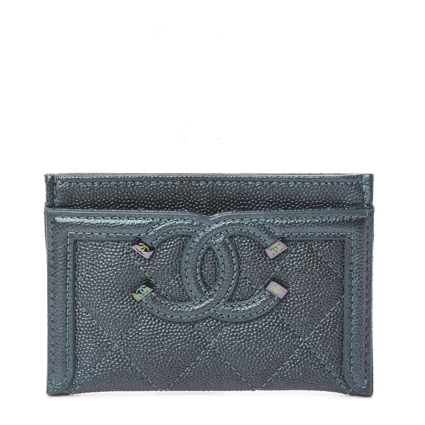 Iridescent Caviar Quilted Filigree Card Holder Dark Turquoise