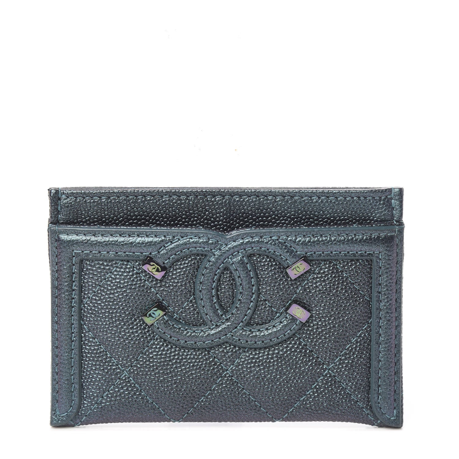Chanel Iridescent Caviar Quilted Filigree Card Holder Dark Turquoise 1 of 8