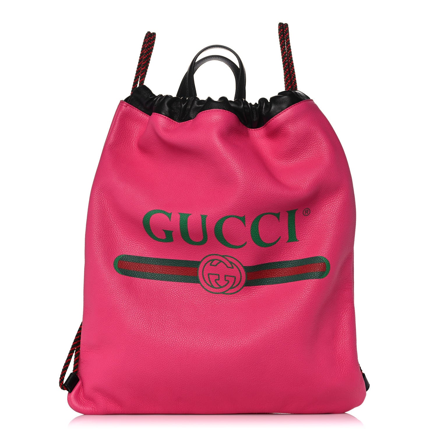 Gucci Grained Calfskin Logo Drawstring Backpack Box Pink Green Black 3 of 12