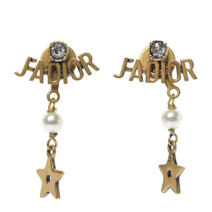 Christian Dior Pearl Crystal Star J'adior Drop Earrings Antique Gold 1 of 3