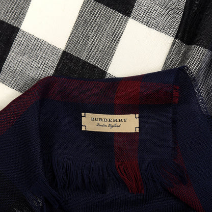 Burberry Wool Cashmere Check Lightweight Scarf Navy 4 of 4