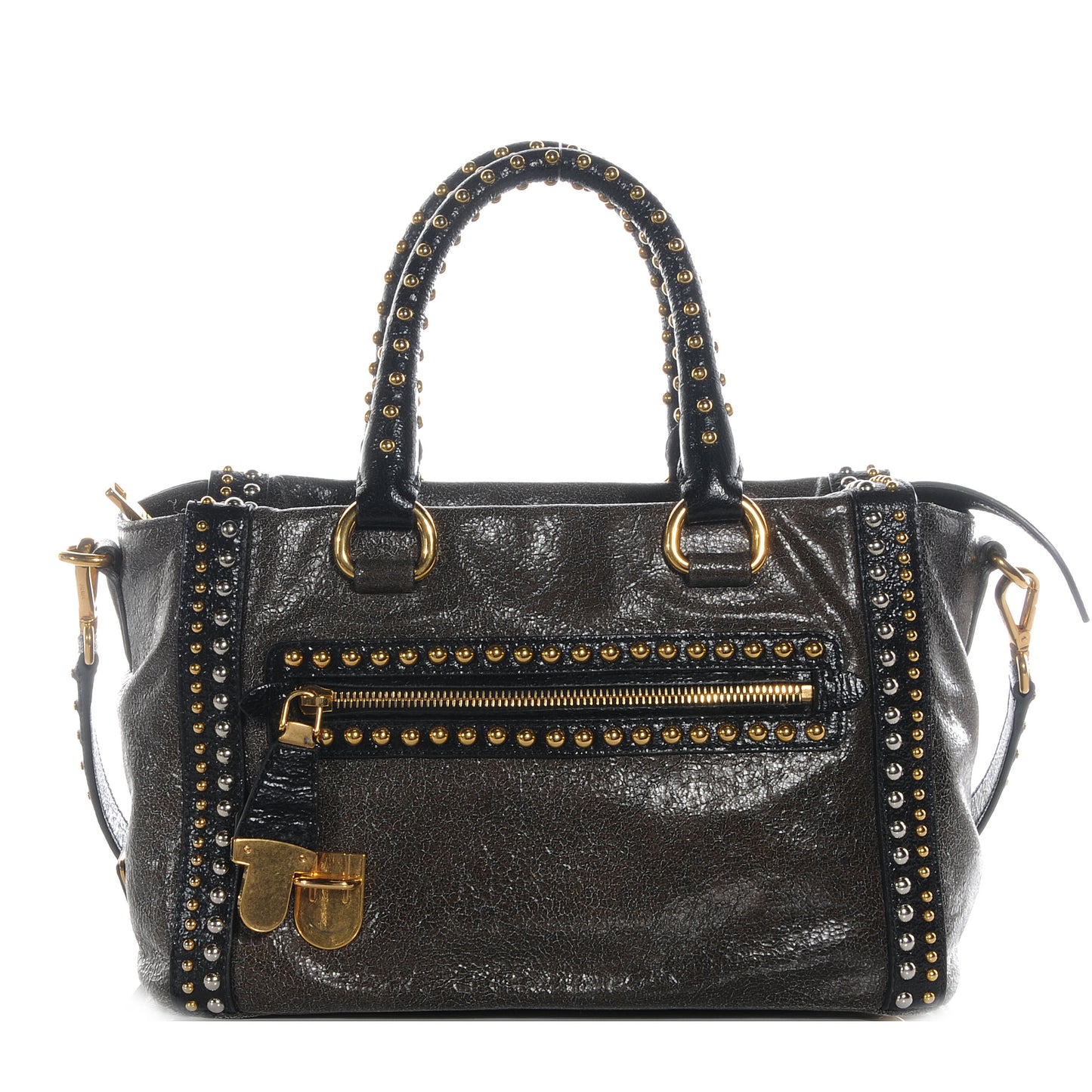 Crackled Calfskin Studded Tote Black