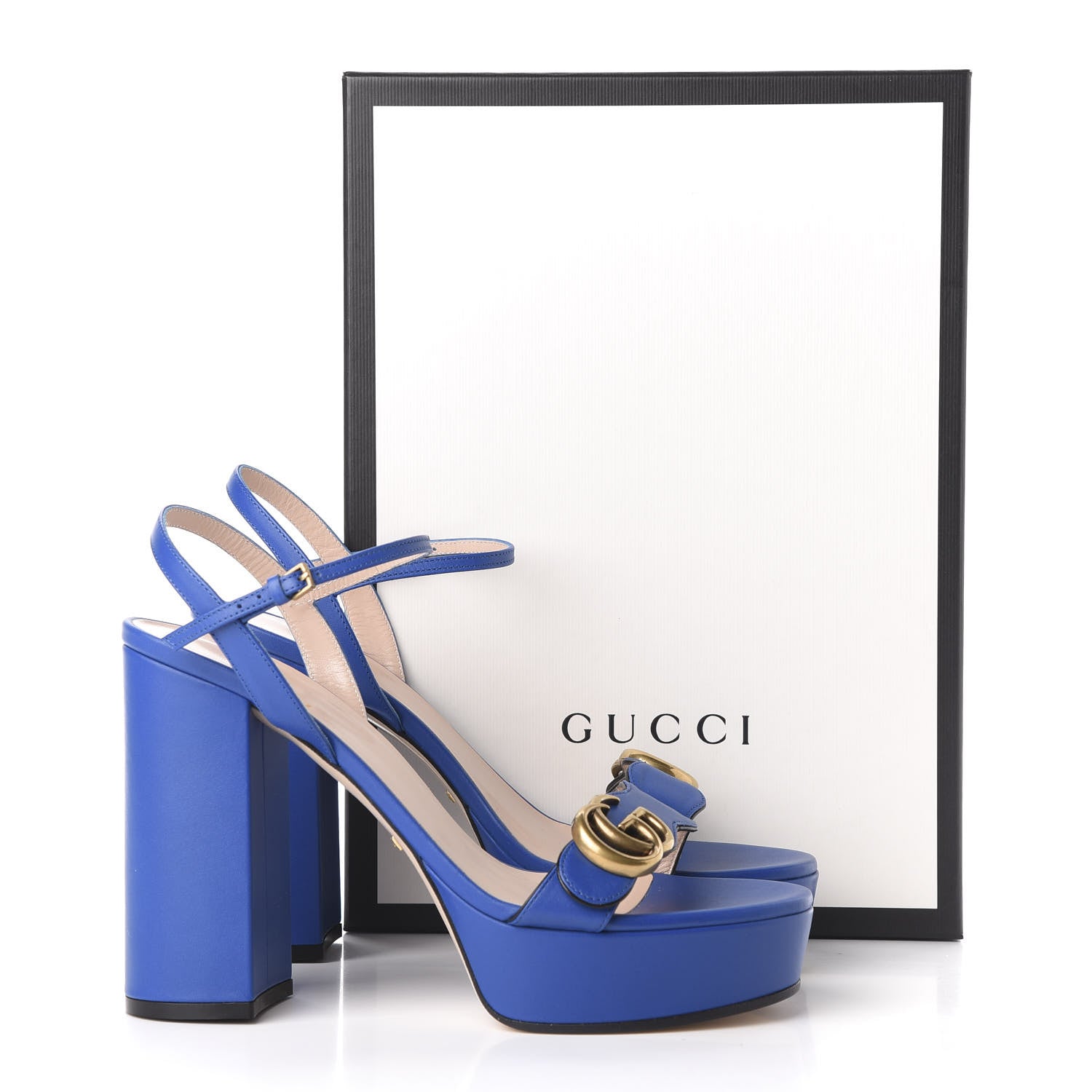 Gucci Calfskin GG Marmont Ankle Wrap 30/115mm Platform Sandals 39 Bright Blue 10 of 10