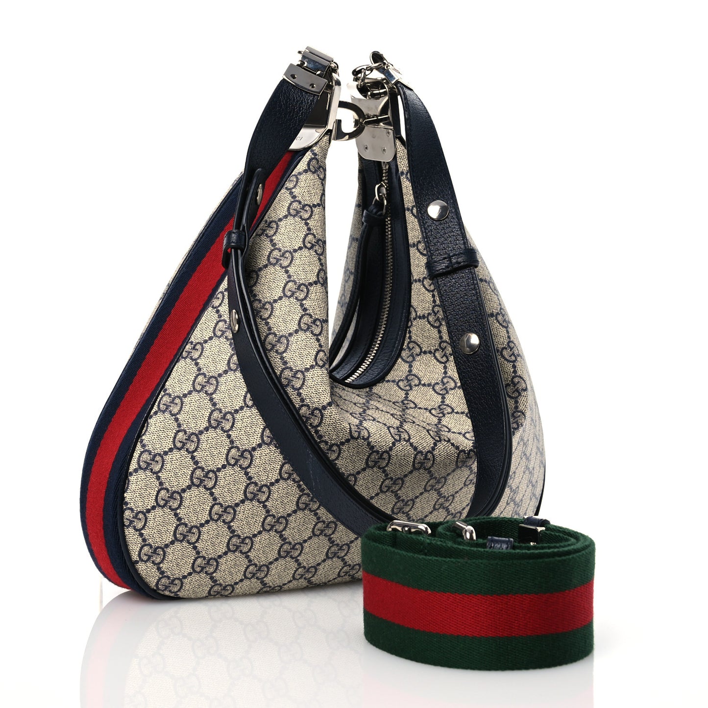 GG Supreme Monogram Textured Calfskin Web Large Attache Shoulder Bag Beige Blue