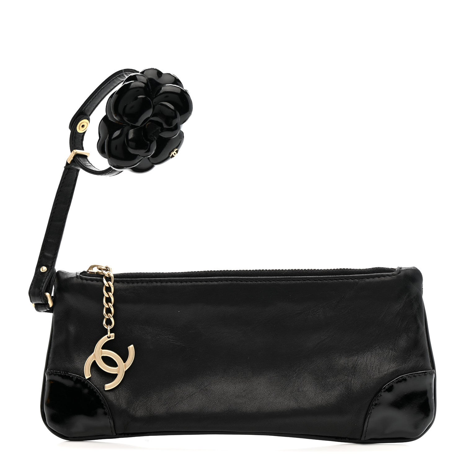 Chanel Lambskin Patent Camellia Wristlet Black 4 of 13