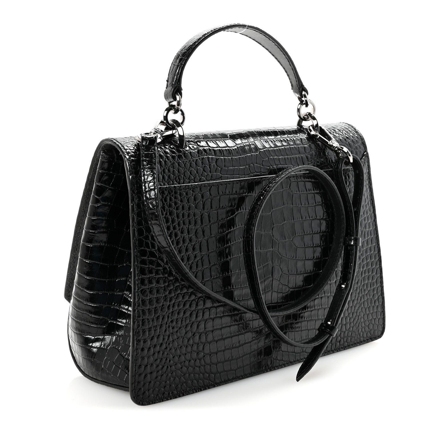 Jimmy Choo Calfskin Crocodile Embossed Madeline Top Handle Black