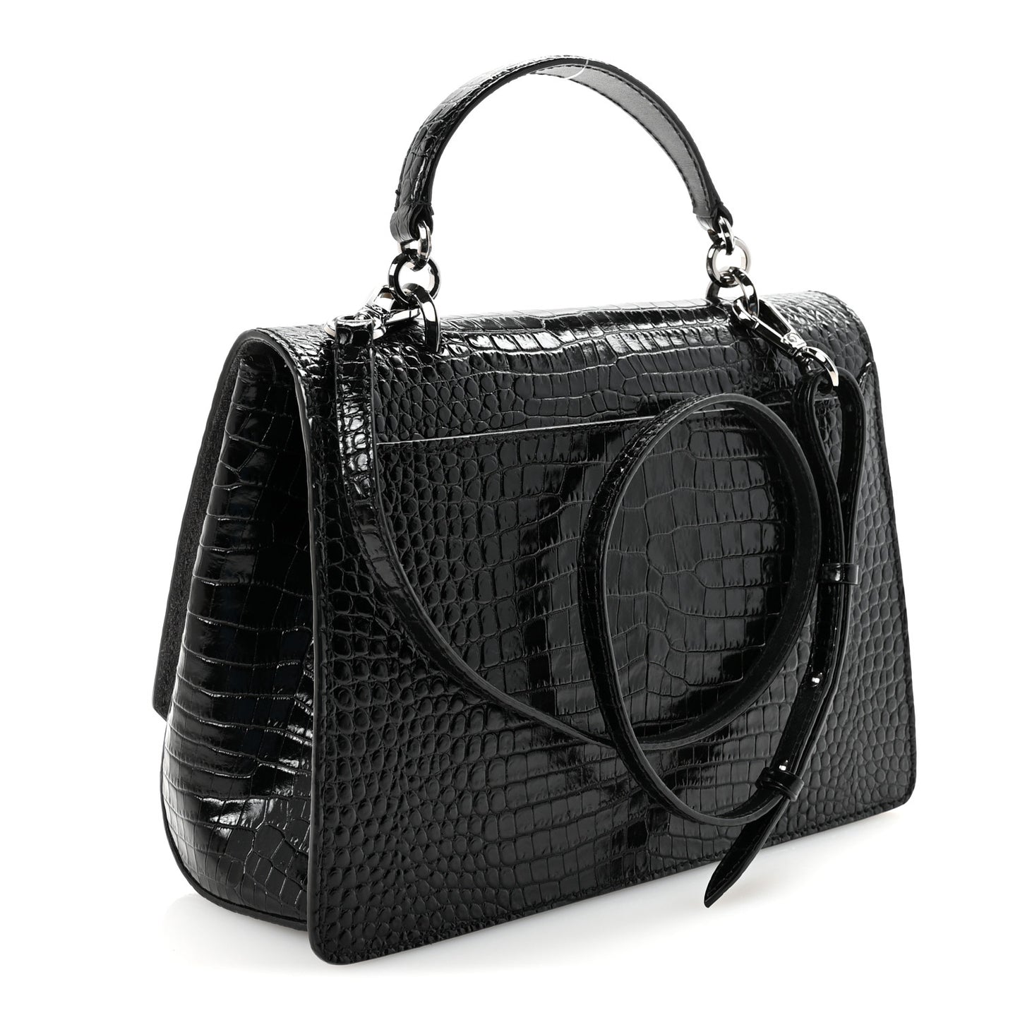 Calfskin Crocodile Embossed Madeline Top Handle Black