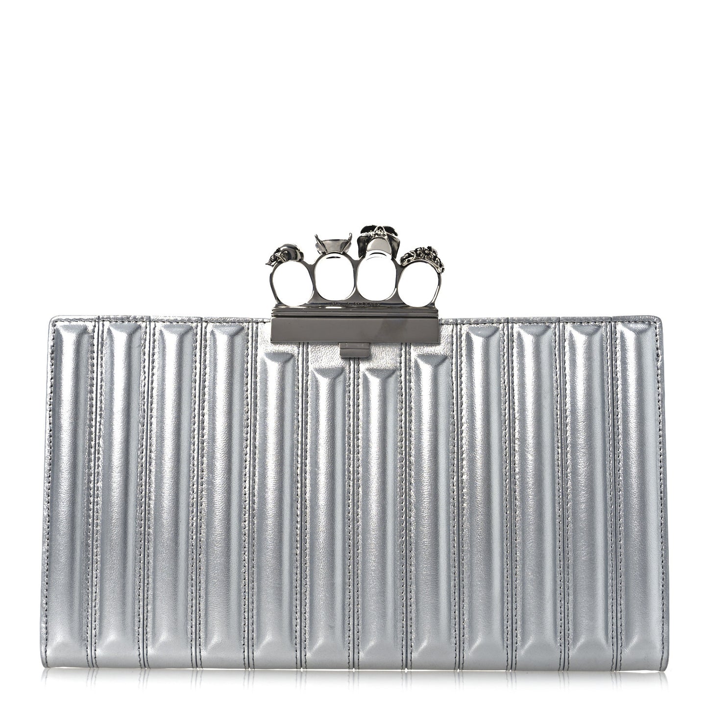 Metallic Calfskin Quilted Four Ring Knuckle Flat Clutch Silver