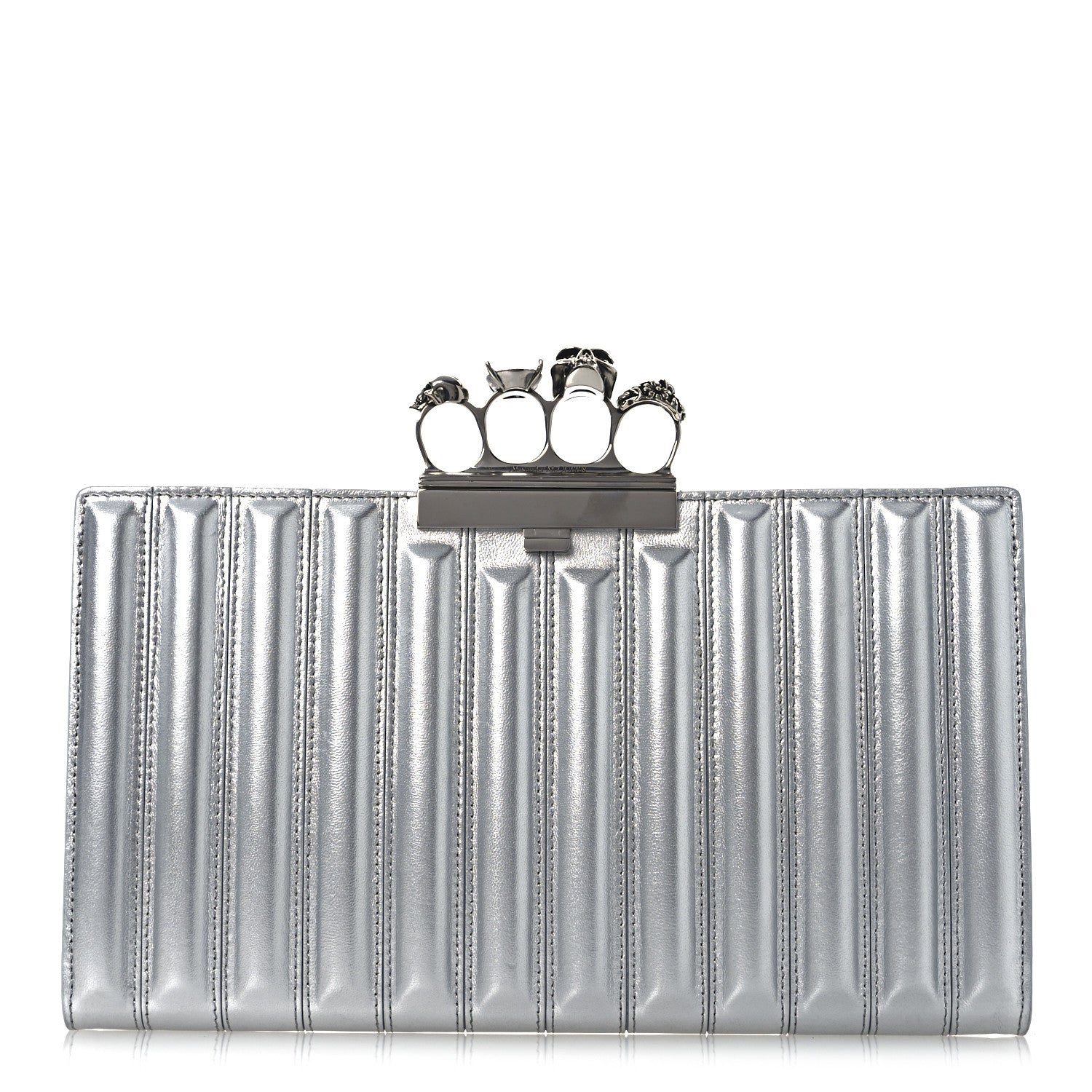 Alexander McQueen Metallic Calfskin Quilted Four Ring Knuckle Flat Clutch Silver 1 of 13