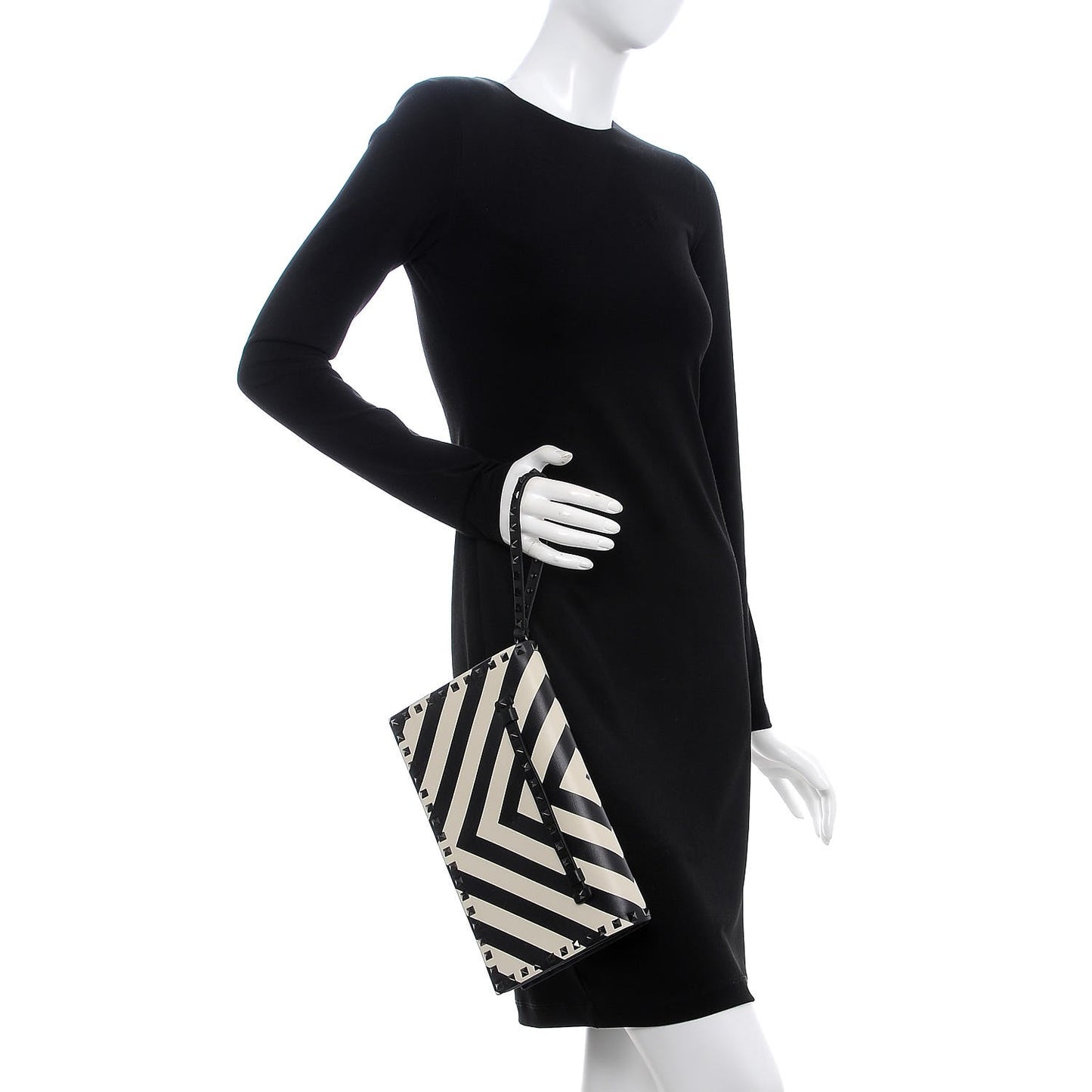 Nappa Chevron Striped Rockstud Wristlet Clutch Light Ivory Black