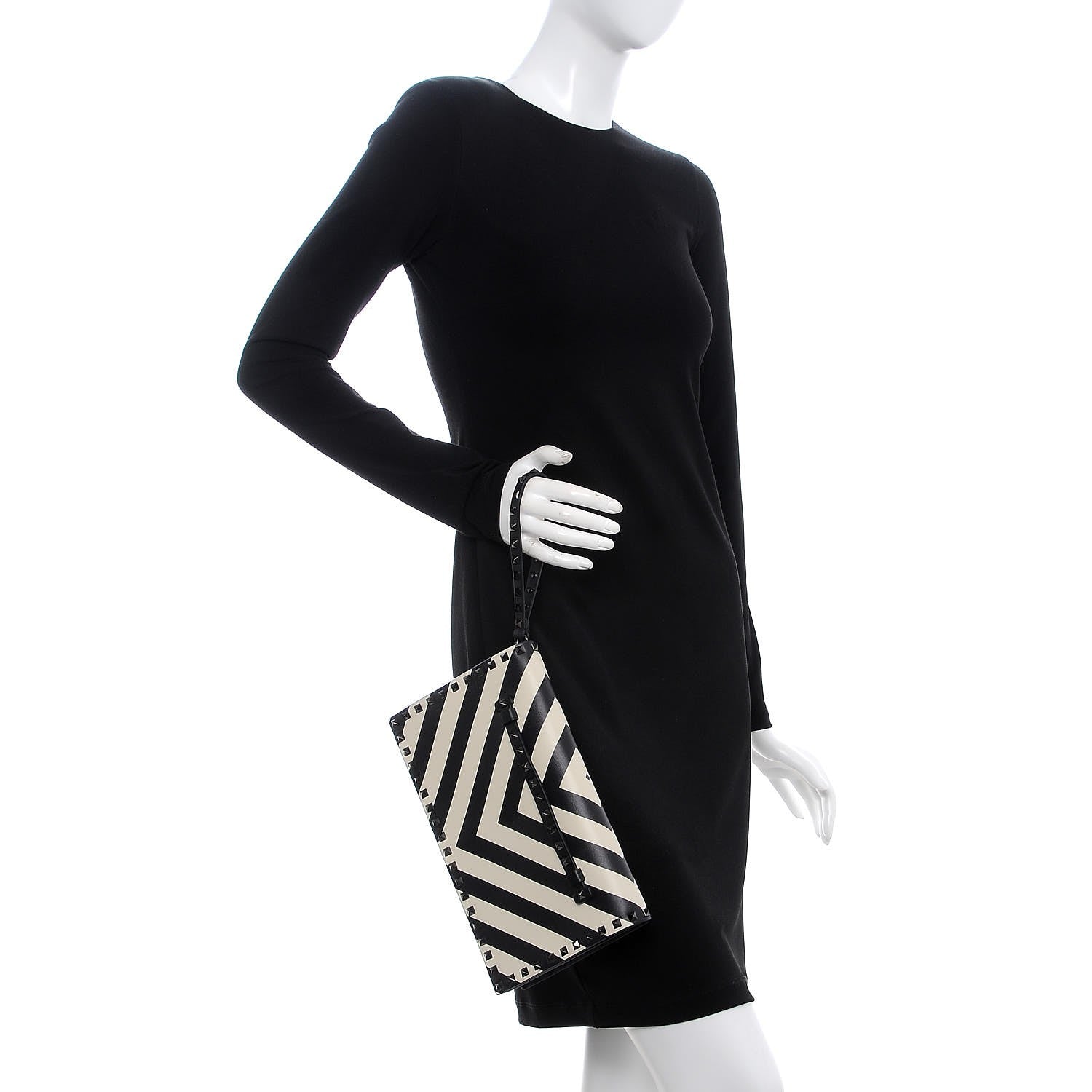Valentino Garavani Nappa Chevron Striped Rockstud Wristlet Clutch Light Ivory Black 2 of 11
