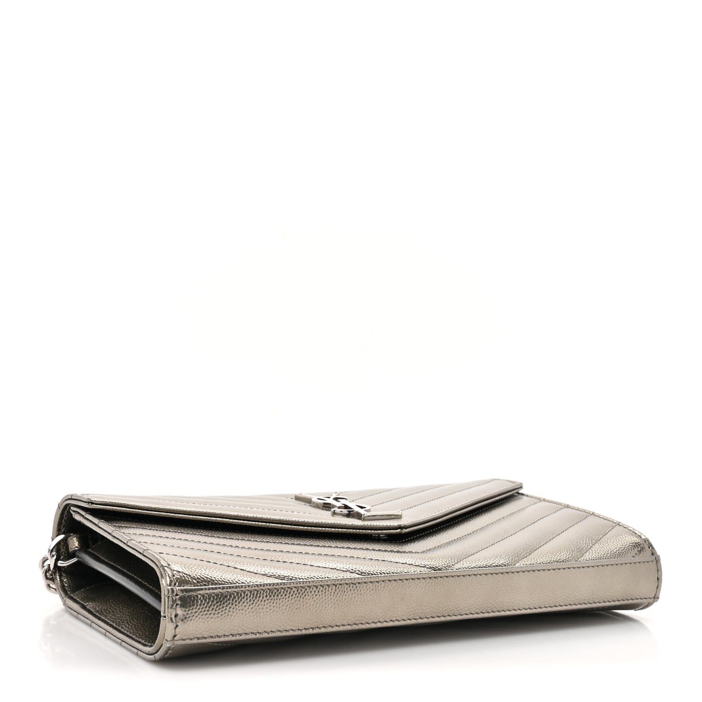 Metallic Grain De Poudre Matelasse Chevron Monogram Chain Wallet Piombo