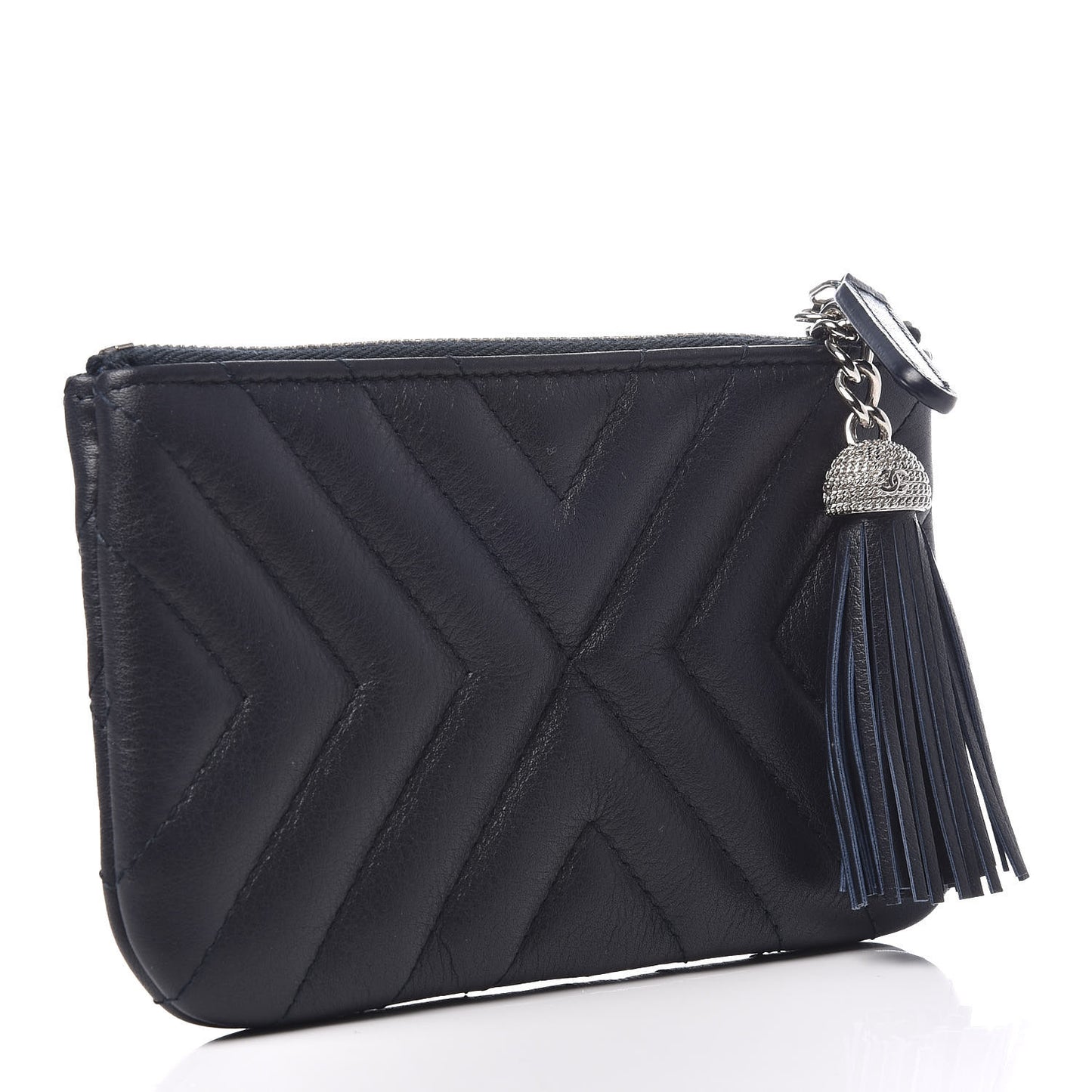 Calfskin Chevron Quilted Tassel Small Cosmetic Case Navy