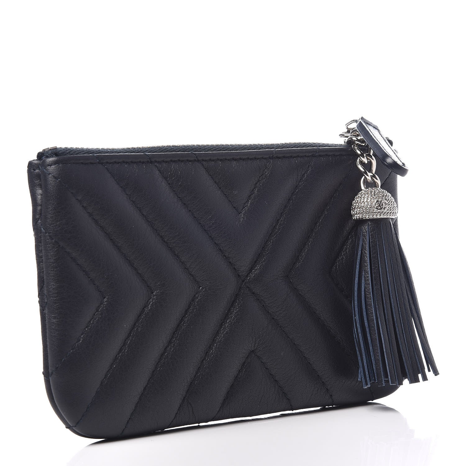 Chanel Calfskin Chevron Quilted Tassel Small Cosmetic Case Navy 3 of 7