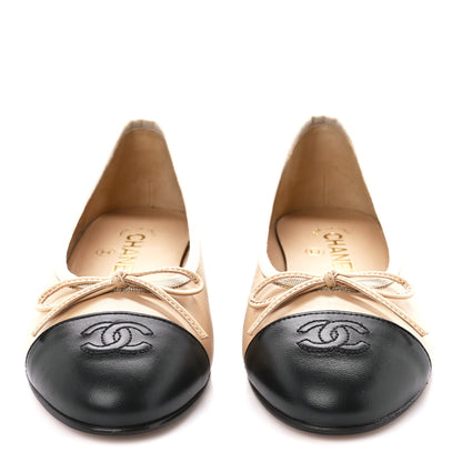 Chanel Lambskin Cap Toe CC Ballerina Flats 36 Beige Black 2 of 11