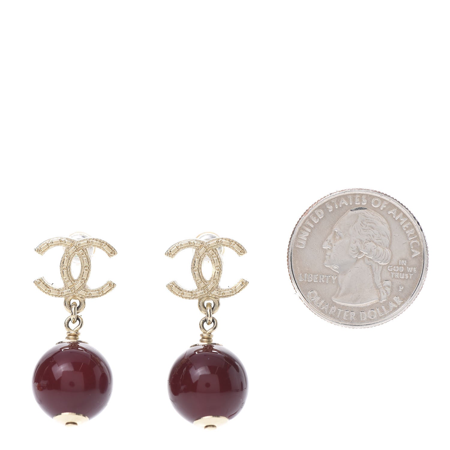 Chanel CC Bead Drop Earrings Gold Red 2 of 5