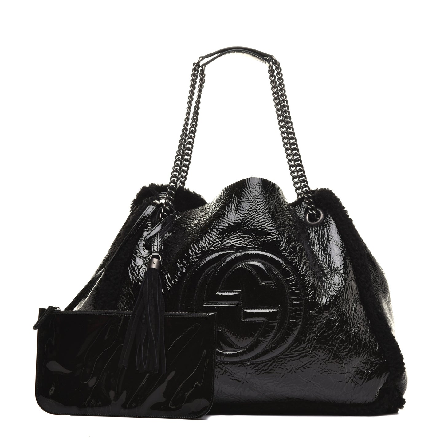 Patent Shearling Medium Soho Chain Shoulder Bag Black