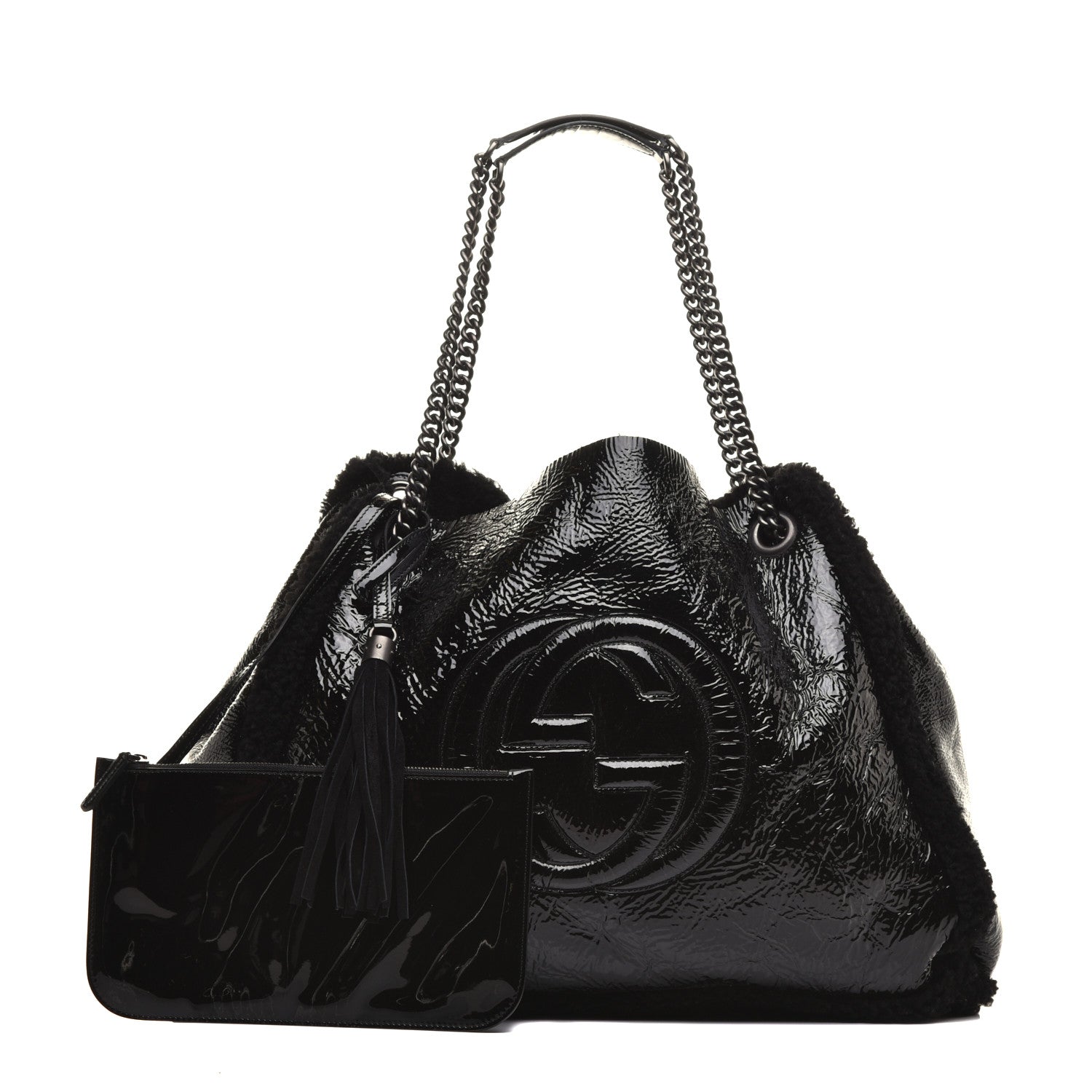 Gucci Patent Shearling Medium Soho Chain Shoulder Bag Black 1 of 9
