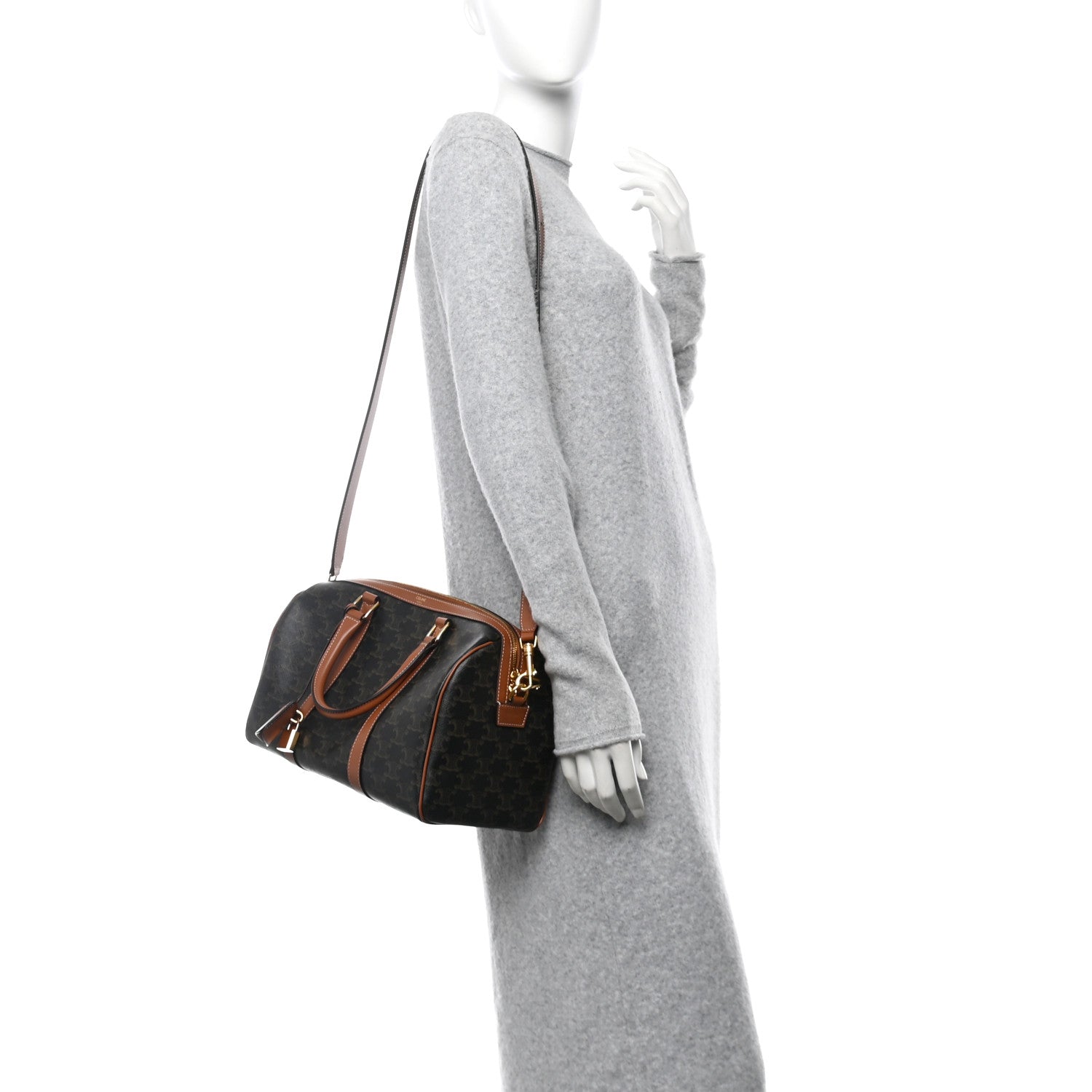 Celine Triomphe Canvas Calfskin Large Boston Bag Tan 2 of 10