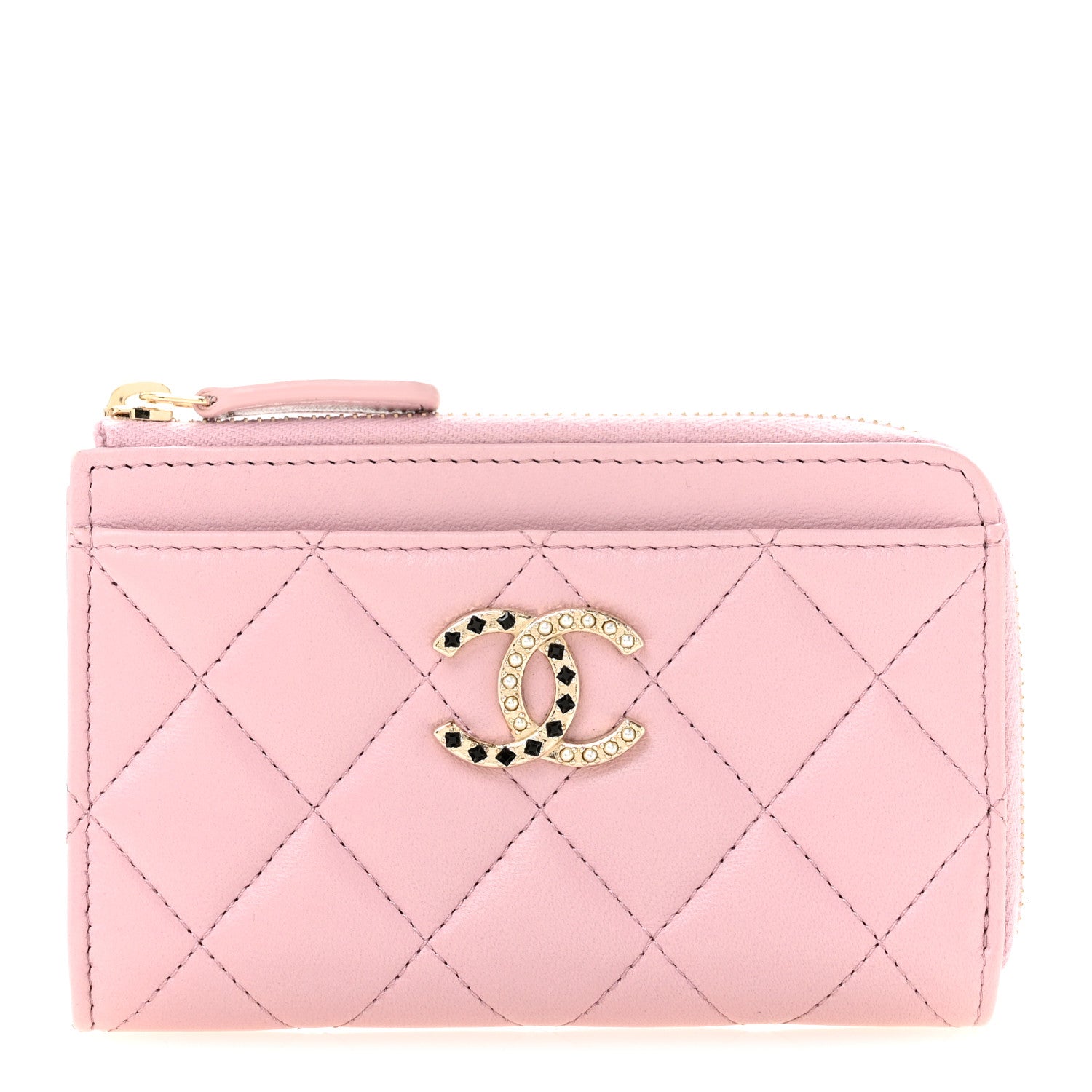 CHANEL ピンク ポーチ Chanel Lambskin Quilted Pearl Crystal CC Zip Around Card Holder