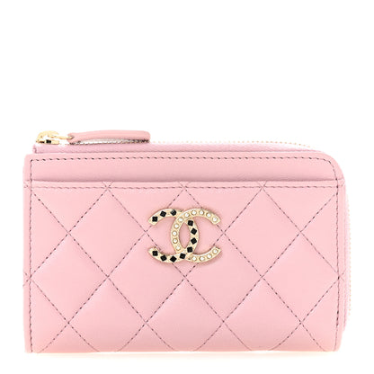 Chanel Lambskin Quilted Pearl Crystal CC Zip Around Card Holder Pink 1 of 10
