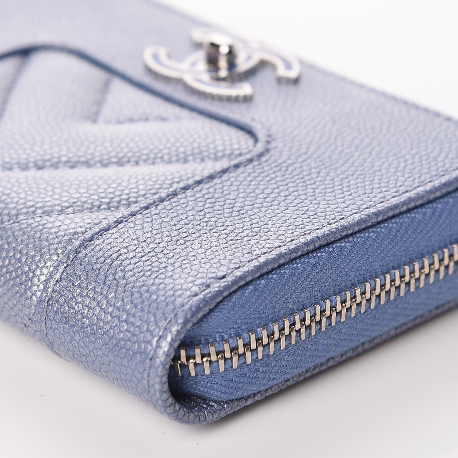 Chanel Metallic Caviar Chevron Quilted Vintage Mademoiselle Zip Coin Purse Light Blue 9 of 10