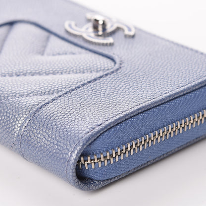 Chanel Metallic Caviar Chevron Quilted Vintage Mademoiselle Zip Coin Purse Light Blue 9 of 10