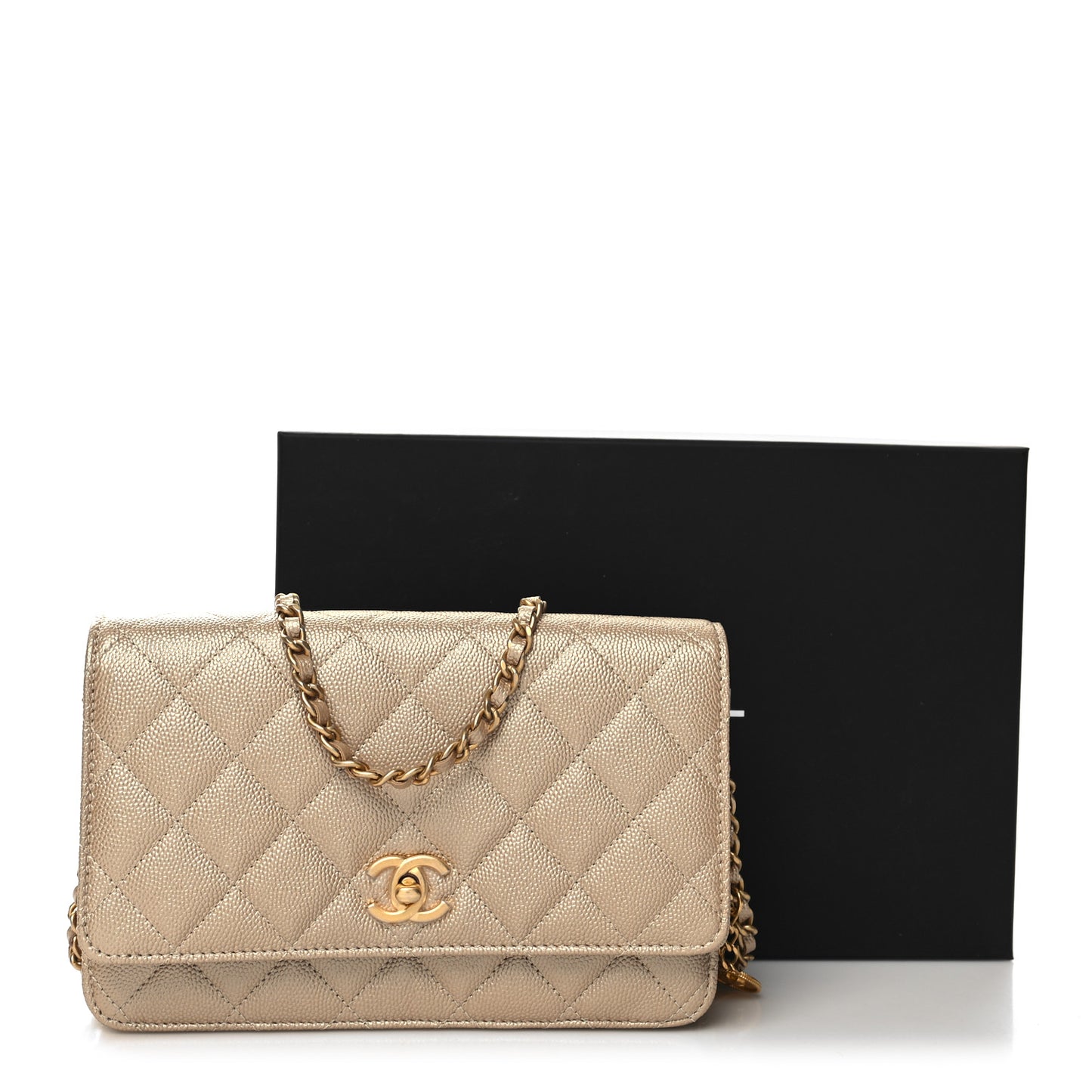 Metallic Caviar Quilted Wallet On Chain WOC Gold
