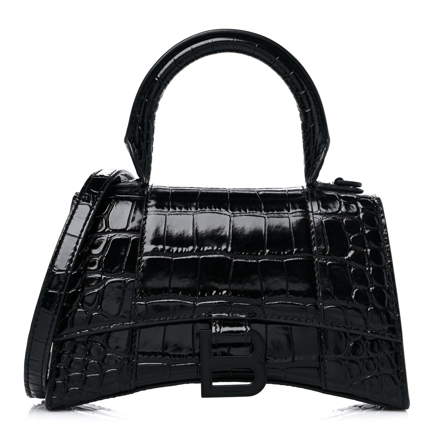 Shiny Calfskin Monochrome Crocodile Embossed Hourglass Top Handle Bag XS Black
