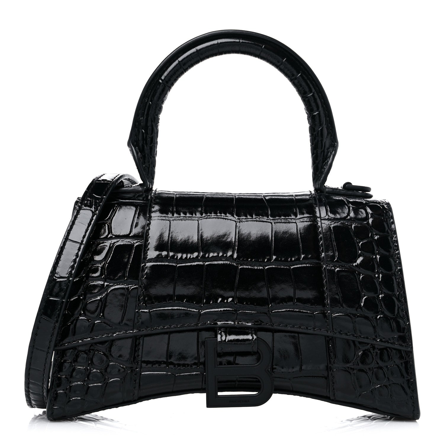 Balenciaga Shiny Calfskin Monochrome Crocodile Embossed Hourglass Top Handle Bag XS Black 1 of 11