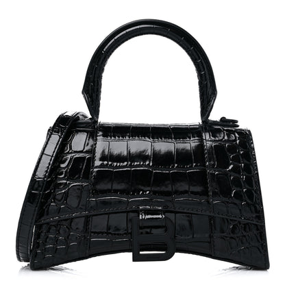 Balenciaga Shiny Calfskin Monochrome Crocodile Embossed Hourglass Top Handle Bag XS Black 1 of 11