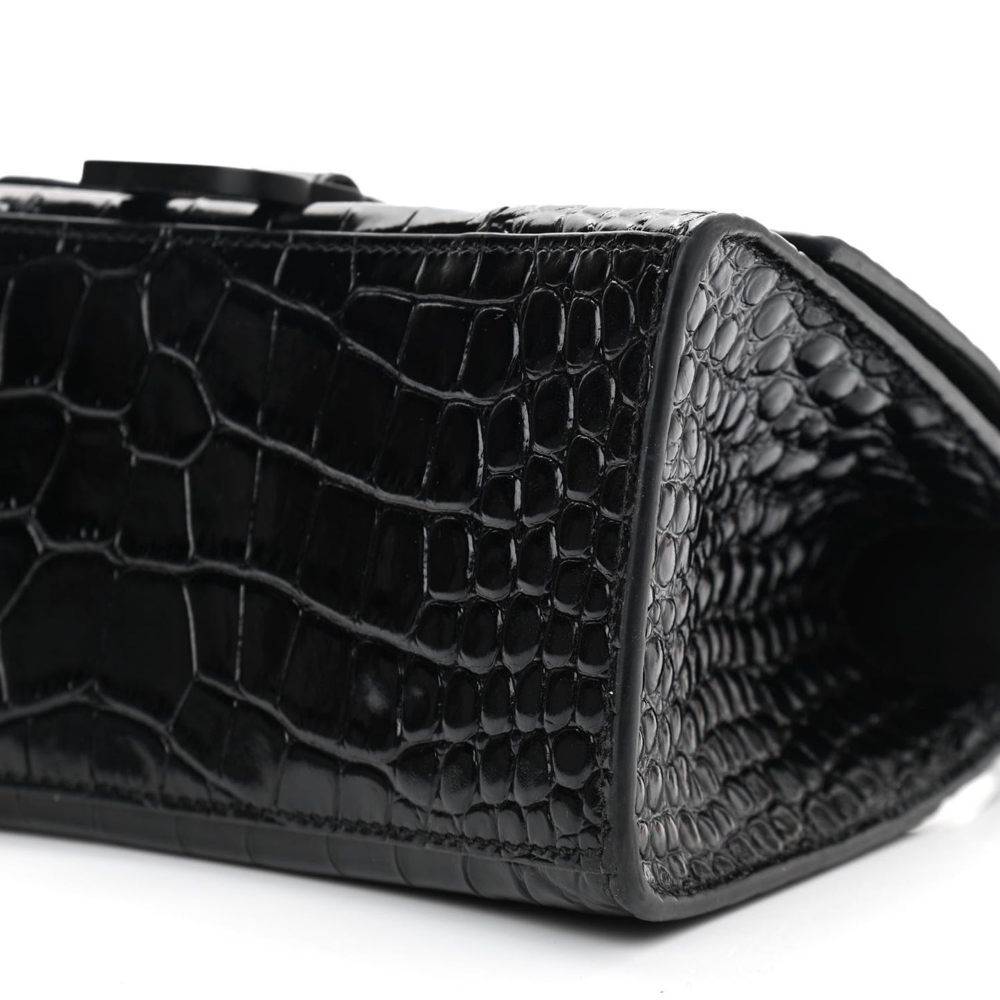 Shiny Calfskin Monochrome Crocodile Embossed Small Hourglass Top Handle Bag Black