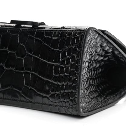 Balenciaga Shiny Calfskin Monochrome Crocodile Embossed Small Hourglass Top Handle Bag Black 10 of 11