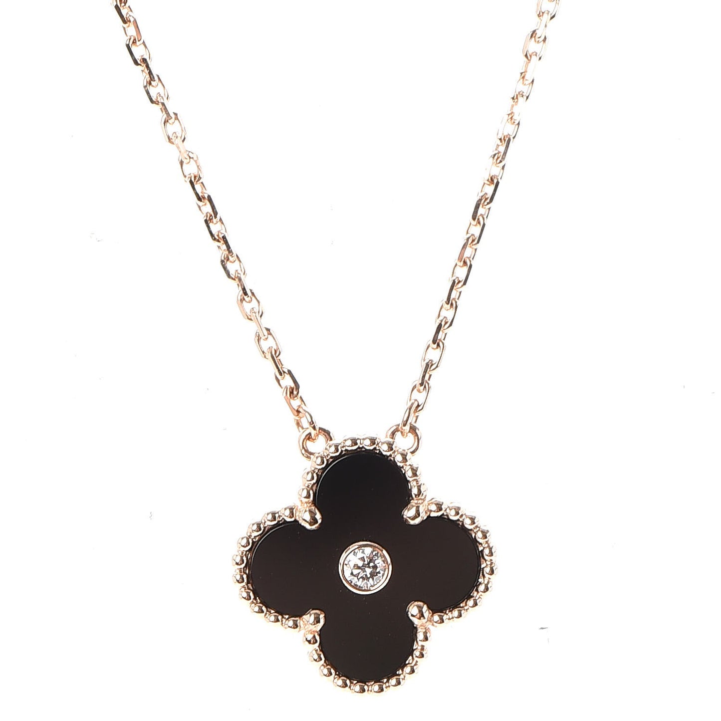 18K Rose Gold Diamond Black Onyx Vintage Alhambra Pendant Necklace