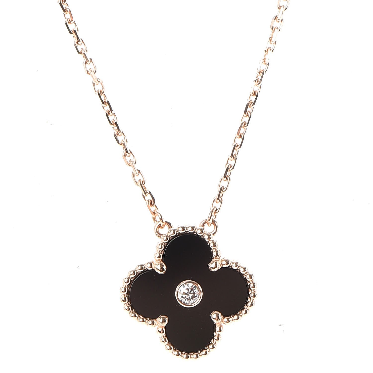 Van Cleef & Arpels 18K Rose Gold Diamond Black Onyx Vintage Alhambra Pendant Necklace 3 of 9