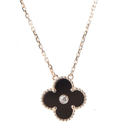 Van Cleef & Arpels 18K Rose Gold Diamond Black Onyx Vintage Alhambra Pendant Necklace 3 of 9